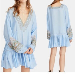 Free People Wild One Blue Skies Embroidered Mini Dress Tunic Sz XS $148 Pockets